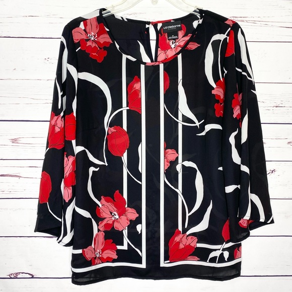 Liz Claiborne Tops - Liz Claiborne Career Black & Red Floral Bell Sleeve Blouse Size Medium